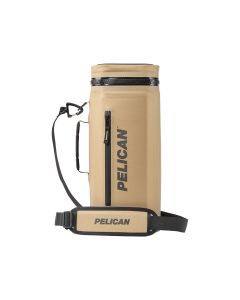 pelican dayventure sling cooler, tan, upright with strap showing