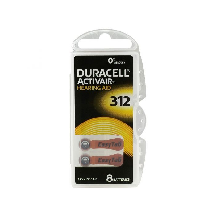 Duracell EasyTab 312 Zinc Air Hearing Aid Batteries - 170mAh  - 8 Piece Retail Packaging