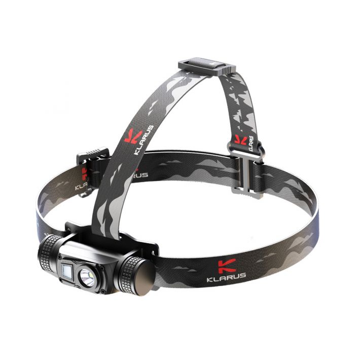 klarus hl1 headlamp, pointed down and to the left, both headstraps up