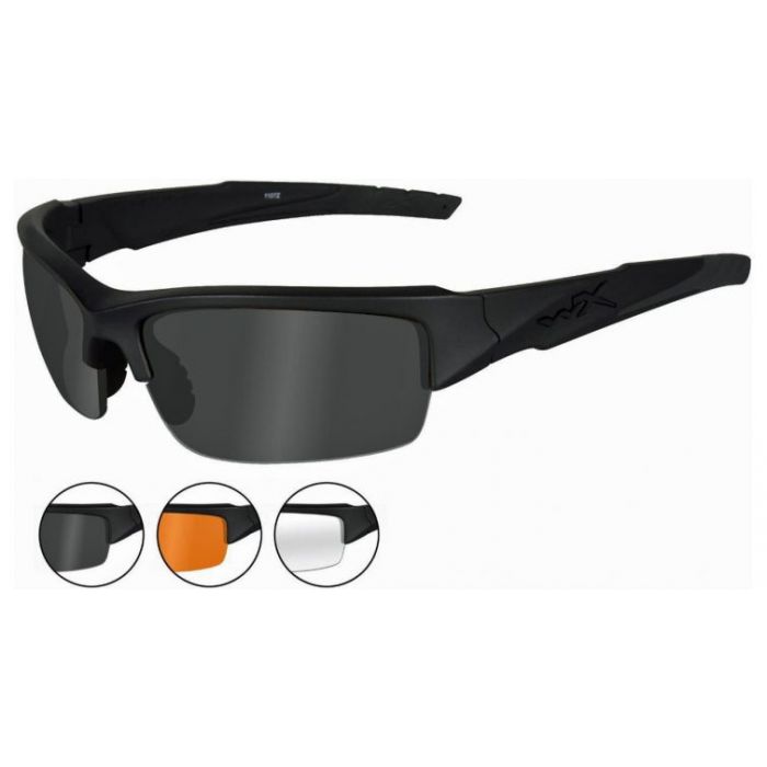 Wiley X WX Valor Changeable Sunglasses Rx Ready with High Velocity Protection - Matte Black Frame with Smoke Grey - Clear - Light Rust Lens Kit