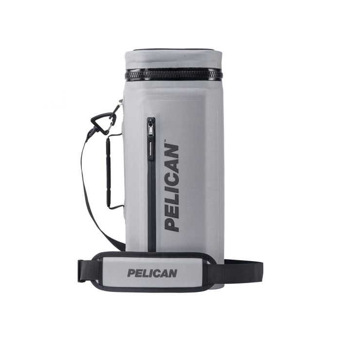 pelican dayventure sling cooler, grey, upright with strap showing
