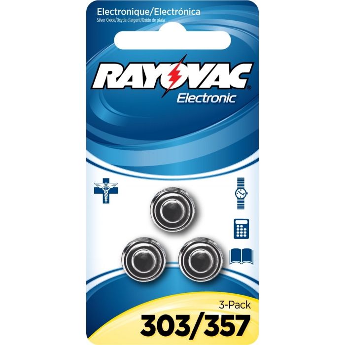 Rayovac 303 / 357 Silver Oxide Coin Cell Batteries - 3 Piece Retail Packaging