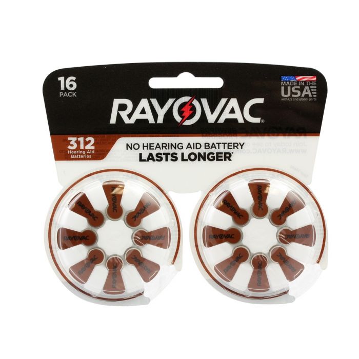 Rayovac 312-16 Size 312 180mAh 1.45V Zinc Air Hearing Aid Batteries - 16 Piece Retail Card