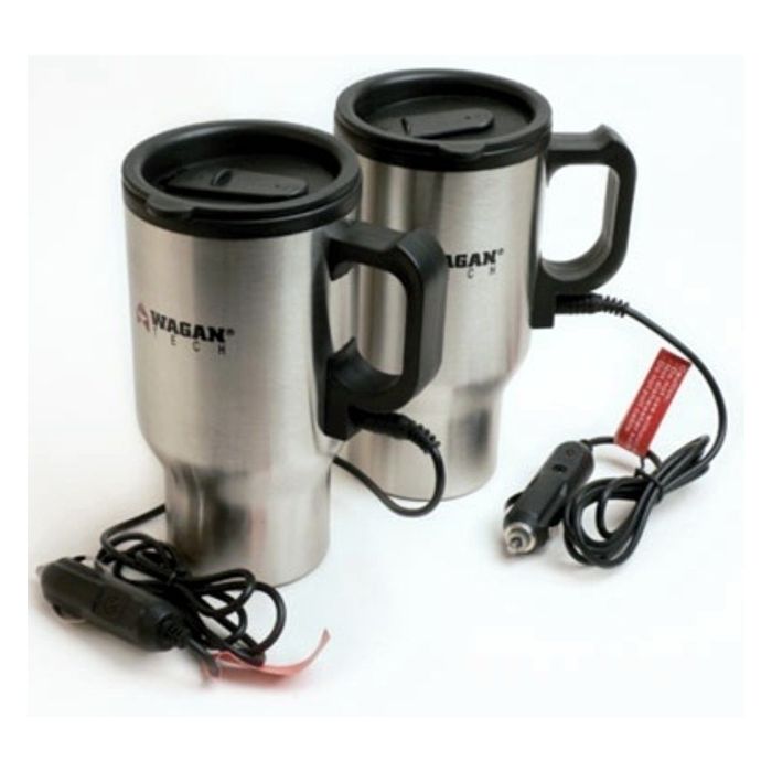 Wagan 2227-1 12V Ceramic Heated Travel Mugs - Pair - (Silver) in Color Box