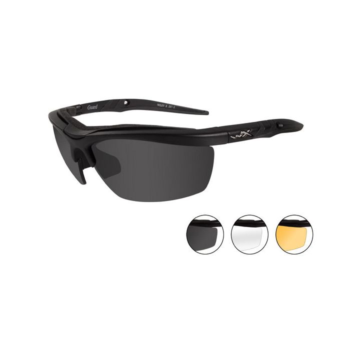 Wiley X Guard Changeable Sunglasses Rx Ready with High Velocity Protection - Matte Black Frame with Smoke Grey - Clear - Light Rust Lens Kit