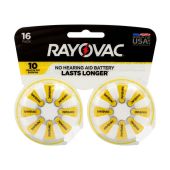 Rayovac 10-16 Size 10 75mAh 1.45V Zinc Air Hearing Aid Batteries - 16 Piece Retail Card