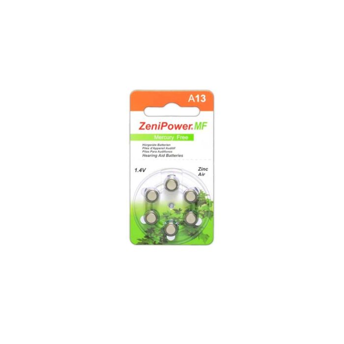 ZeniPower MF 13 (A13) Hearing Aid Battery - 6-Pack - Mercury-Free